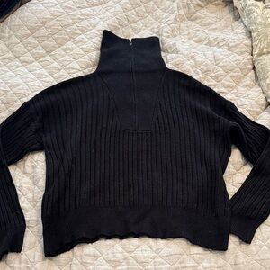 Black Ribbed Turtleneck Quarter Zip Sweater
